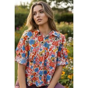 AnnieWear Los Angeles Floral Button Down Blouse Size S Colorful Spring Top
